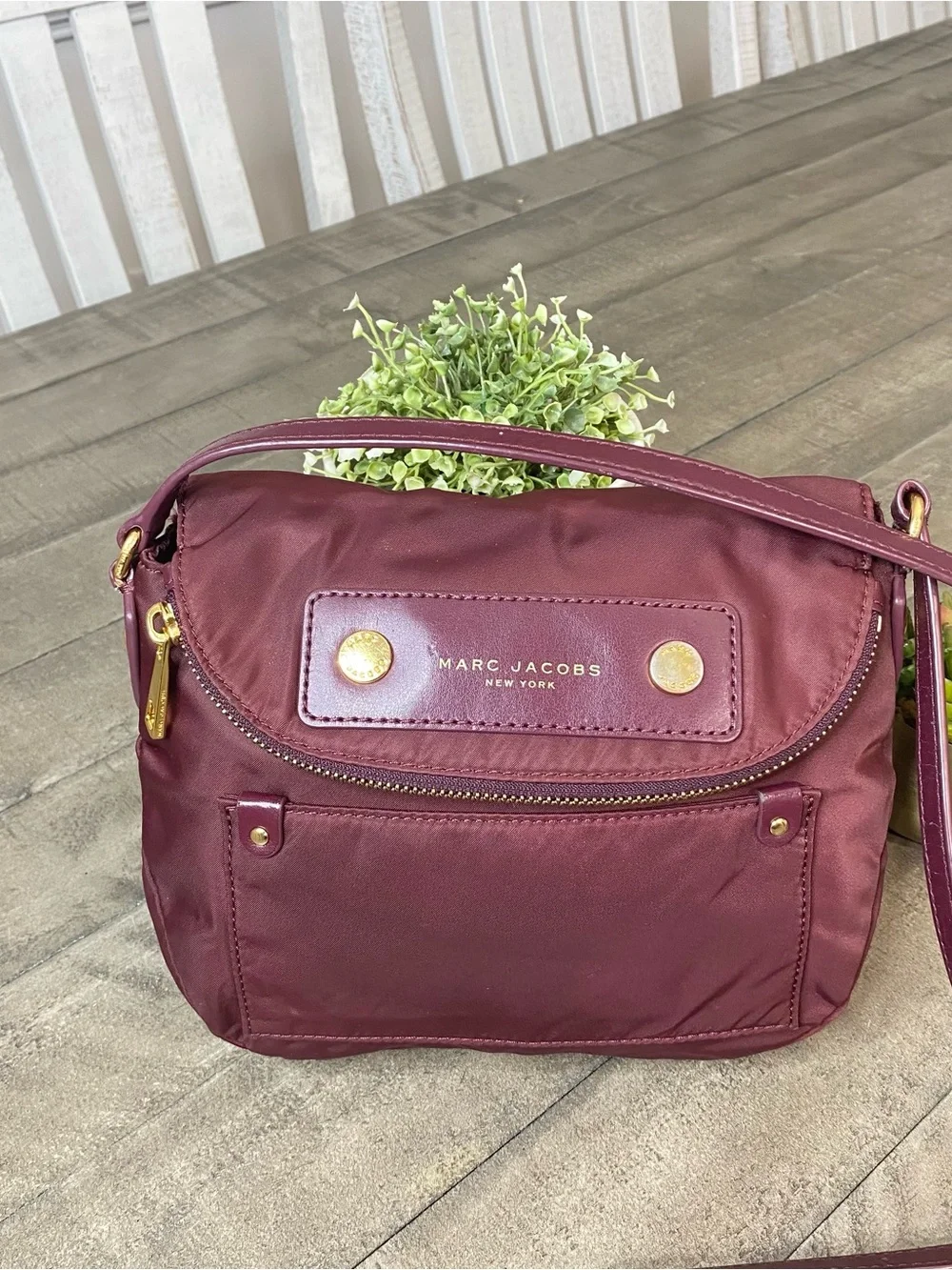 Marc Jacobs Preppy Nylon Mini Natasha Crossbody Bag Burgundy Gold Hardware